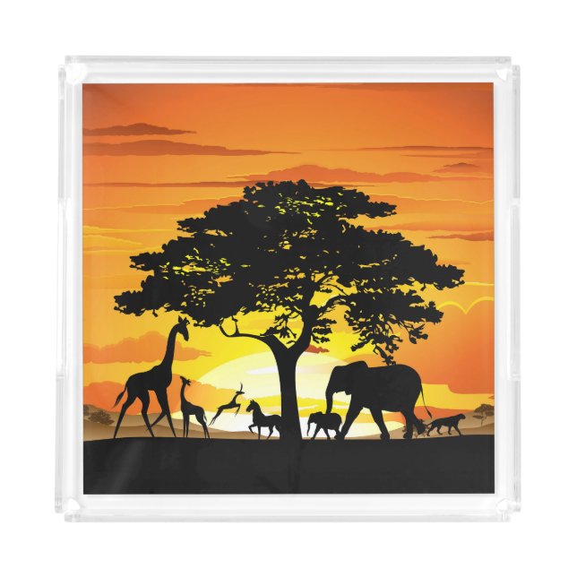 Wilde Tiere auf der afrikanischen Savanna Sunset Acryl Tablett (Vorderseite)