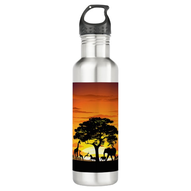 Wilde Tiere auf der afrikanischen Savanna Sunset Edelstahlflasche (Vorderseite)