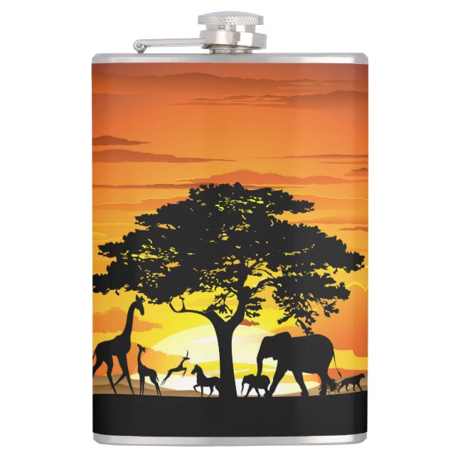 Wilde Tiere auf der afrikanischen Savanna Sunset Flachmann (Vorderseite)
