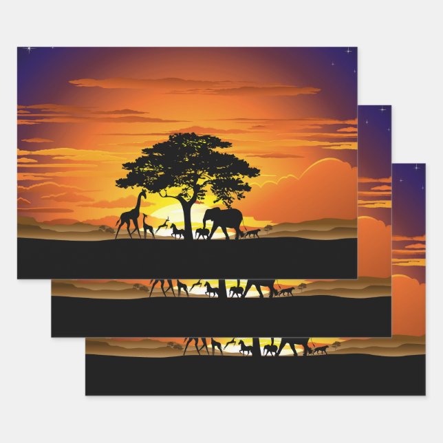 Wilde Tiere auf der afrikanischen Savanna Sunset Geschenkpapier Set (Set)