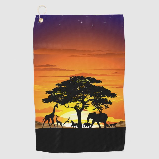 Wilde Tiere auf der afrikanischen Savanna Sunset Golfhandtuch (Vorderseite)