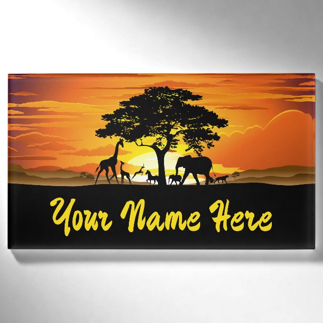 Wilde Tiere auf der afrikanischen Savanna Sunset Namenschild (Vorderseite)
