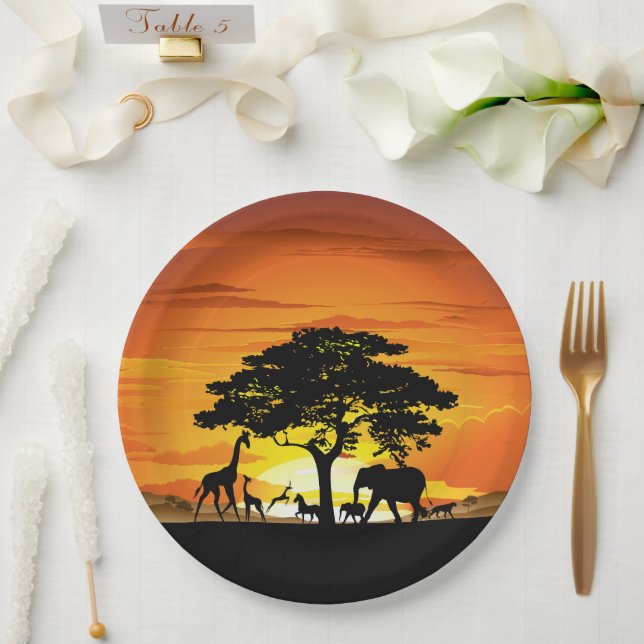 Wilde Tiere auf der afrikanischen Savanna Sunset Pappteller (Hochzeit)