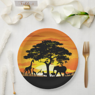 Wilde Tiere auf der afrikanischen Savanna Sunset Pappteller