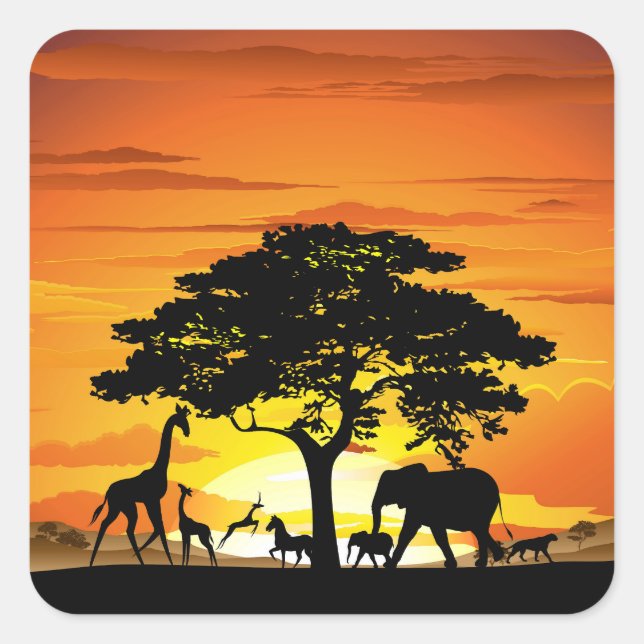Wilde Tiere auf der afrikanischen Savanna Sunset Quadratischer Aufkleber (Vorderseite)