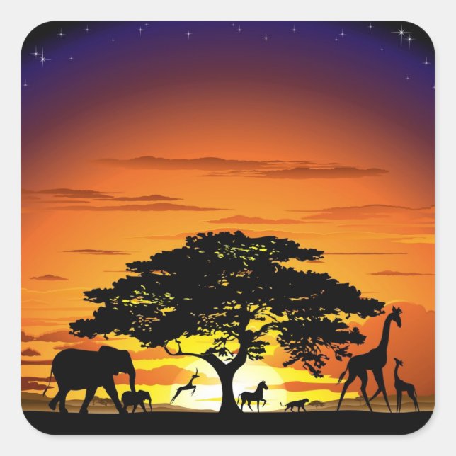 Wilde Tiere auf der afrikanischen Savanna Sunset Quadratischer Aufkleber (Vorderseite)