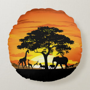 Wilde Tiere auf der afrikanischen Savanna Sunset Rundes Kissen