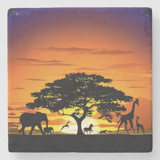 Wilde Tiere auf der afrikanischen Savanna Sunset Steinuntersetzer (Vorderseite)