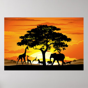 Wilde Tiere auf der afrikanischen Savanne bei Sonn Poster