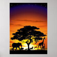 Wilde Tiere auf Savannah Sunset Poster
