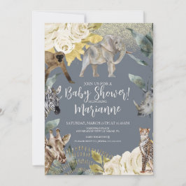 Wilde Tiere Baby Shower Glitzer Dusty Blue Einladung