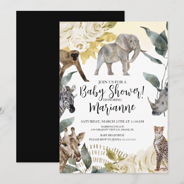 Wilde Tiere Baby Shower Imitate Gold Glitzer Einladung (Vorne/Hinten)