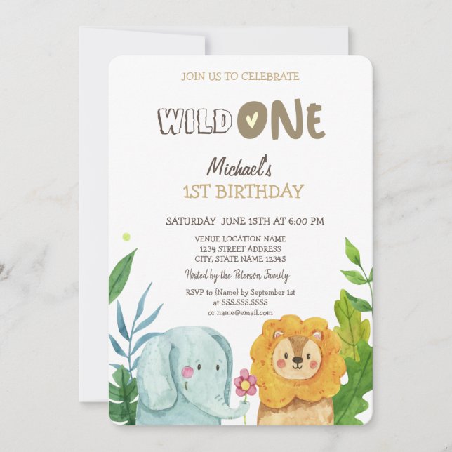 Wilde Tiere Elephant Lion Blätter 1. Geburtstag Einladung (Vorderseite)