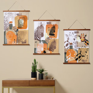 Wilde Tiere Erdtöne Moderne Abstrakte Pop-Art Wandteppich Mit Holzrahmen