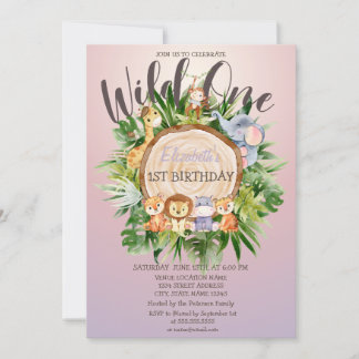 Wilde Tiere Holz Glitzer Geburtstag Einladung