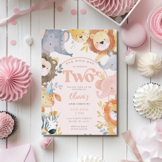 Wilde Tiere Rosa Zwei-Mädchen-Foto Geburtstag Einladung