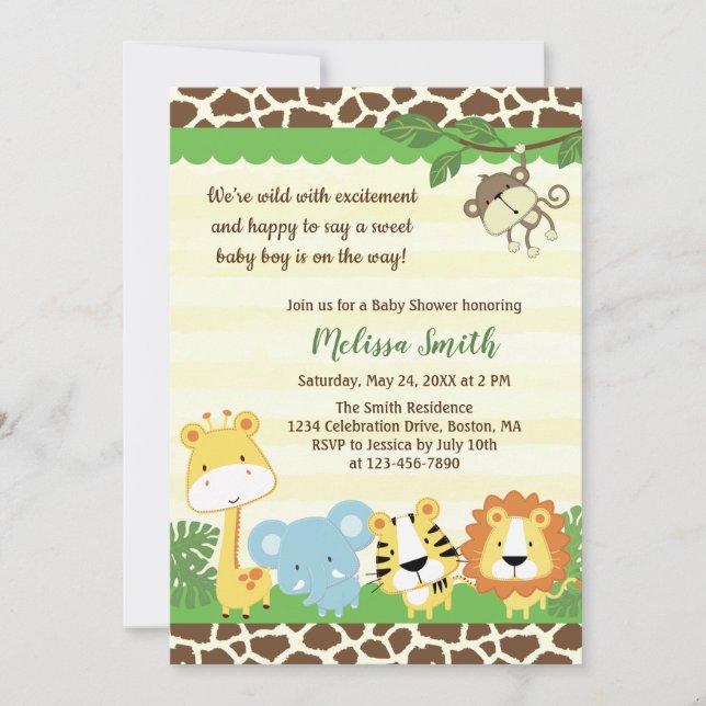 Wilde Tiere Safari Jungle Baby Dusche Einladung (Vorderseite)