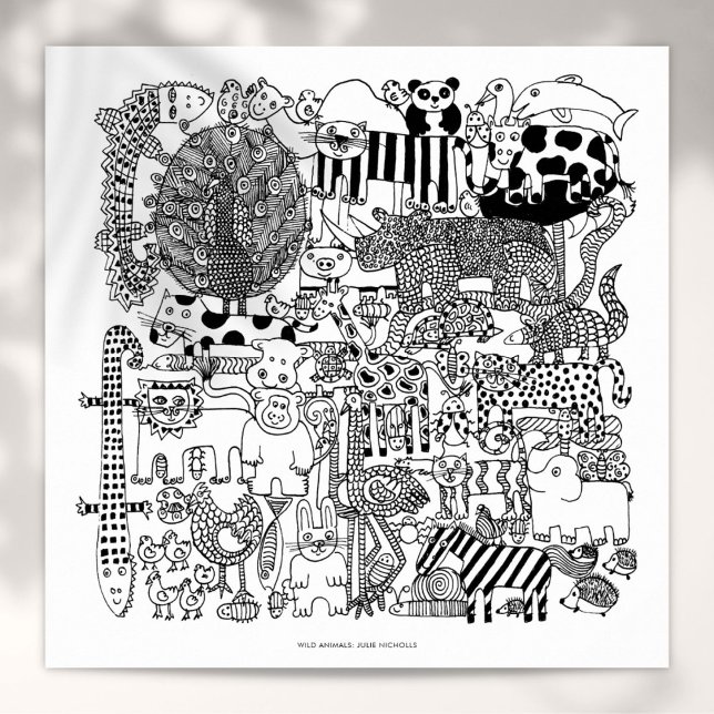 Wilde Tiere Schwarz-Weiß Zeichnend Kunst drucken Poster (Wild Animals Black and White Drawing Art Print)