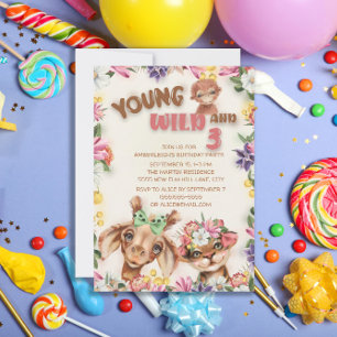 Wilde Tiere Young Wild Drei Mädchen 3. Geburtstag Einladung
