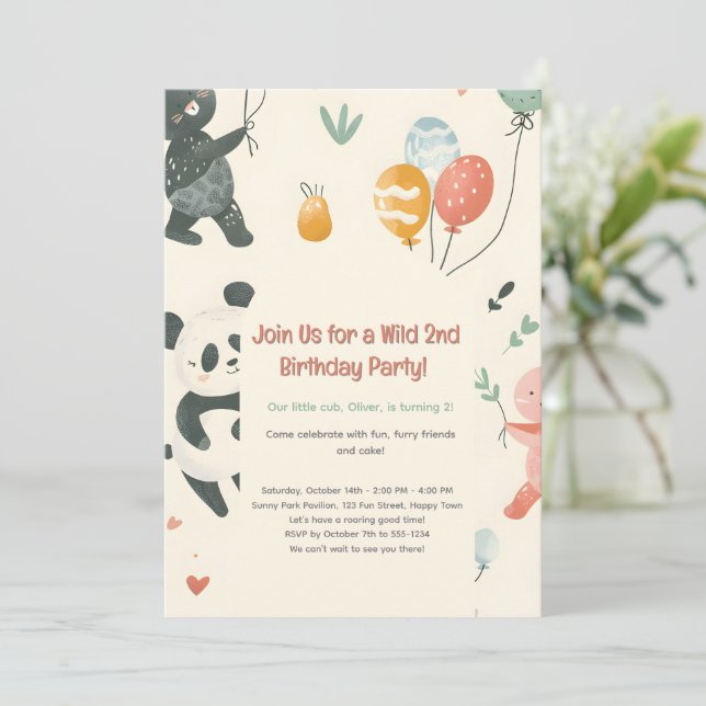 Wilde Tierfreunde zum Geburtstag Einladung (Stehend Vorderseite)