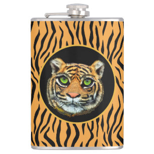 Wilde Tiger-Gesicht auf Tiger-Skin-Muster-Kolben Flachmann