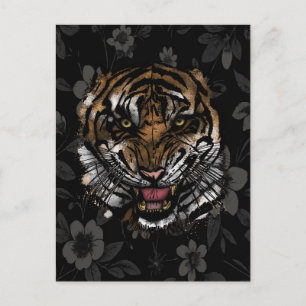 Wilde Tiger-Gesicht Weiße Florale Gothic-Ästhetik Postkarte