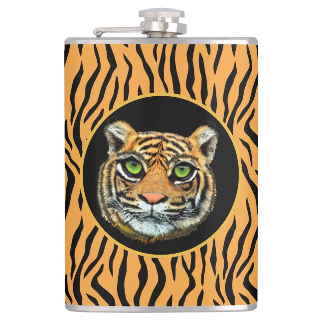 Wilde Tiger-Gesichter auf Tiger-Muster-Flasche Flachmann (Vorderseite)