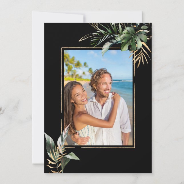 Wilde tropische Blätter Hochzeit schwarzen Fotos Einladung (Rückseite)