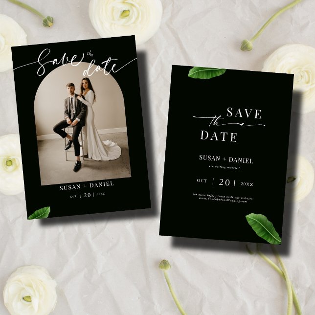 Wilde tropische Blätter und modernes Hochzeitsarsc Save The Date (Von Creator hochgeladen)
