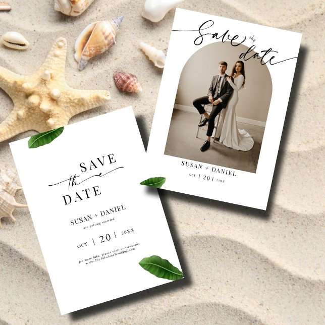 Wilde tropische Blätter und modernes Hochzeitsarsc Save The Date (Von Creator hochgeladen)
