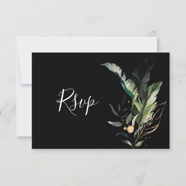 Wilde tropische Foliage Hochzeit RSVP Black Card (Vorderseite)