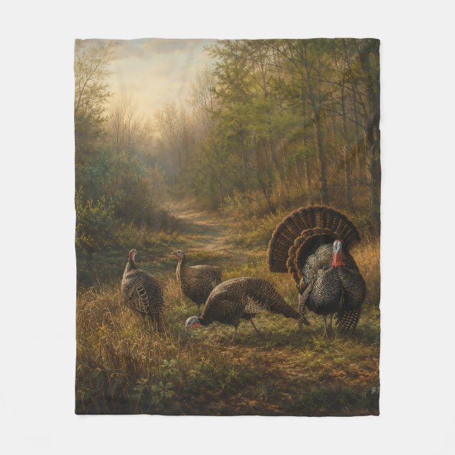 Wilde Truthähne im herbstlichen Wald Fleecedecke (Vorderseite)