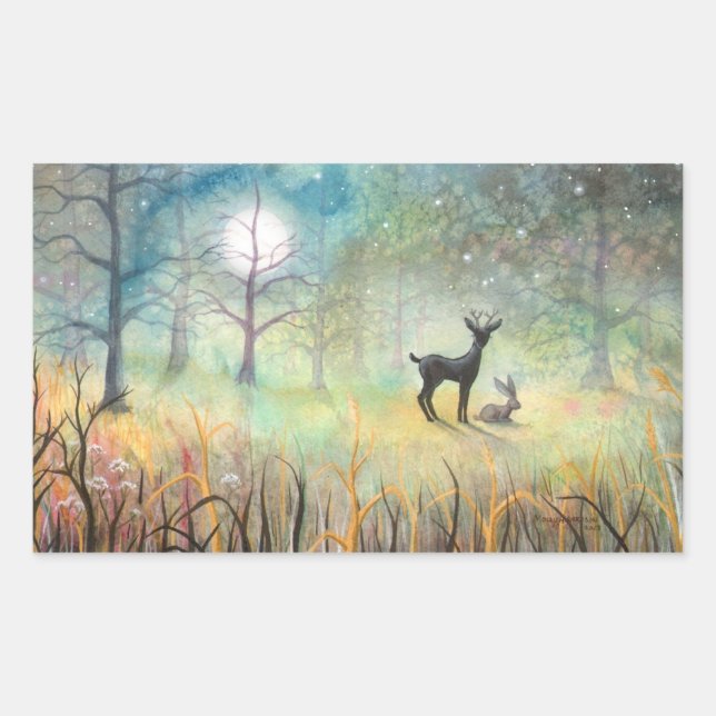 Wilde und Rabbit Fantasy Wildlife Art Rechteckiger Aufkleber (Vorderseite)