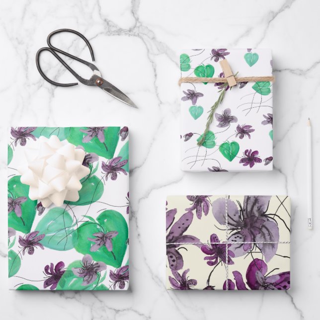 Wilde Violets Wasserfarben Handgemalt Geschenkpapier Set (Vorderseite)