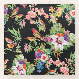 Wilde Vögel Blumen: Schwarze Vintage Glasuntersetzer