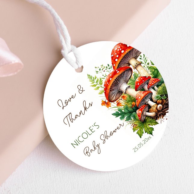 Wilde Waldpilze Babydusche danke Geschenkanhänger (Wild forest red mushrooms green fern baby shower thank you favor tags personalized favor tags)