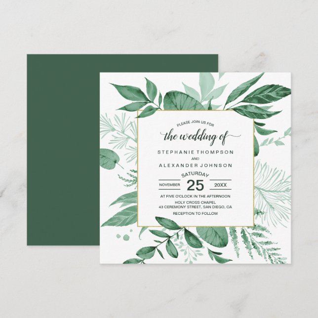 Wilde Wasserfarben Blätter Jäger Grüne Hochzeit Einladung (Vorne/Hinten)