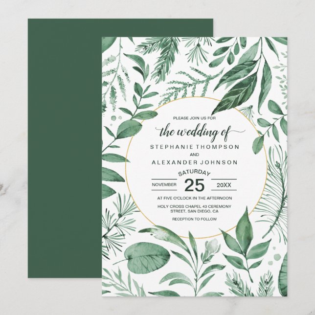 Wilde Wasserfarben Blätter Jäger Grüne Hochzeit Einladung (Vorne/Hinten)