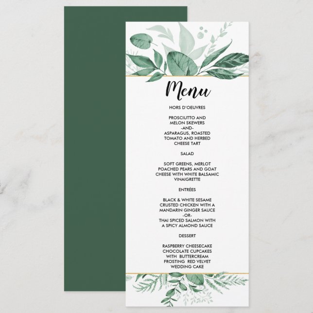 Wilde Wasserfarben Blätter Jäger Grüne Hochzeit Menükarte (Vorne/Hinten)