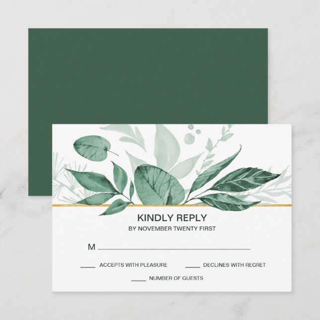 Wilde Wasserfarben Blätter Jäger Grüne Hochzeit RSVP Karte (Vorne/Hinten)