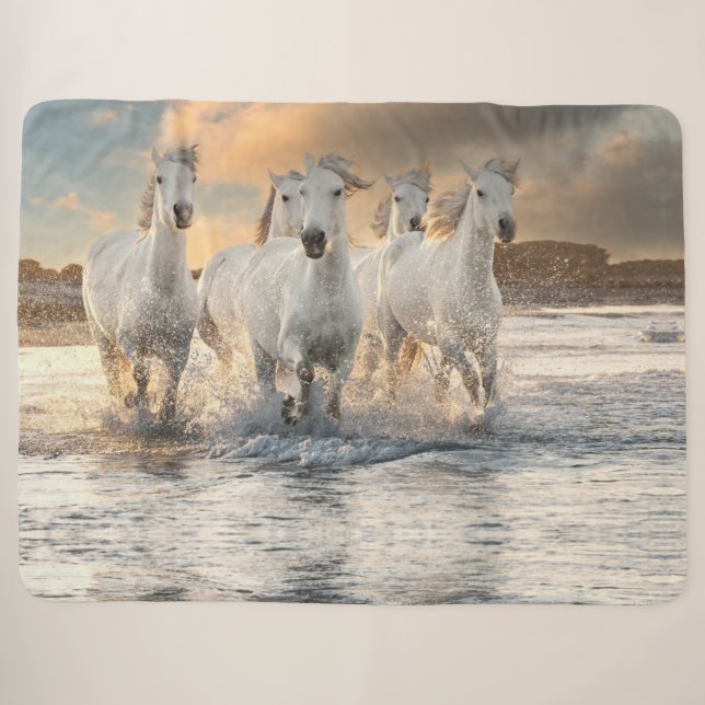 Wilde Weiße Pferde Sherpa Blanket Sherpadecke (Vorderseite (Horizontal))