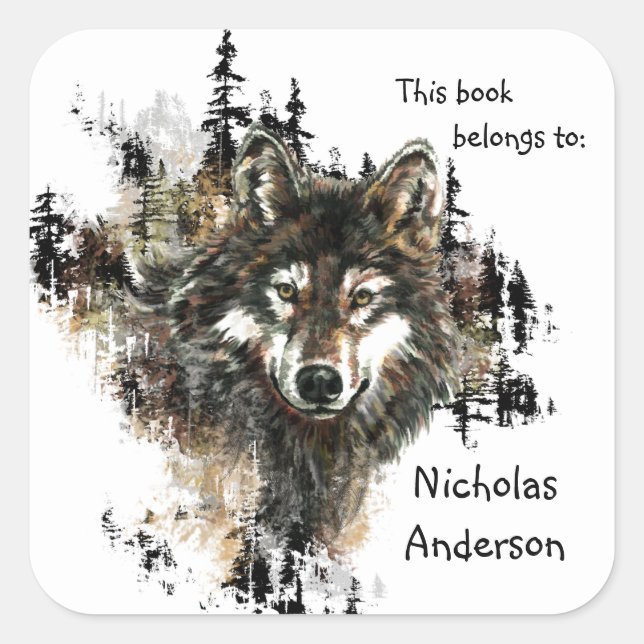 Wilde Wolf Bergwelt Kunst, Buchzeichen Quadratischer Aufkleber (Vorderseite)