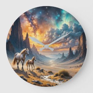 Wilde Wüstenlandschaft und Fohlen Große Wanduhr