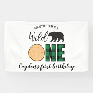 Wilder Bär grünes Büffel-Karo Erstes Geburtstagski Banner
