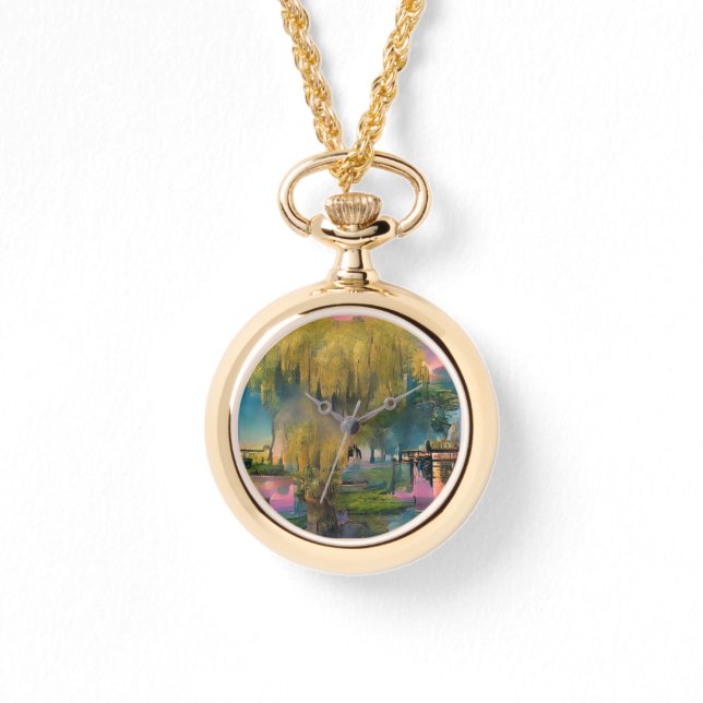Wilder Baum bei Sonnenuntergang am Teich Armbanduhr (Vorderseite)