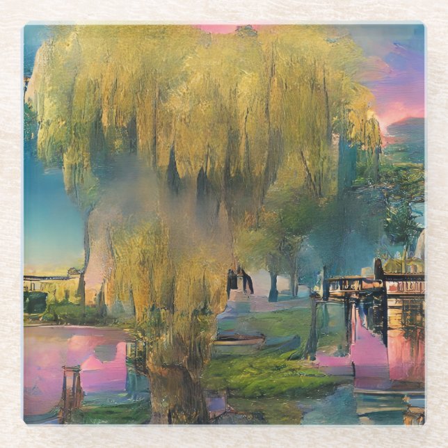 Wilder Baum bei Sonnenuntergang am Teich Glasuntersetzer (Vorderseite)