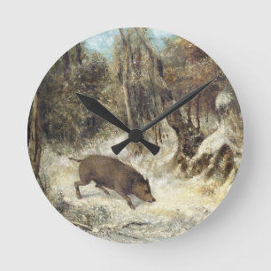 Wilder Eber im Schnee, unterzeichnet als Courbet Runde Wanduhr