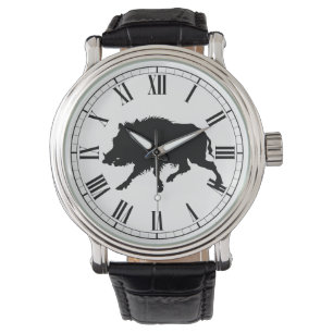 Wilder Eber im schwarzen Silhouette-Jagd-Mann Armbanduhr