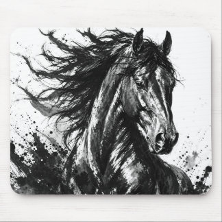 Wilder Geist in Tinte | Schwarz-Weiß-Pferdekunst Mousepad