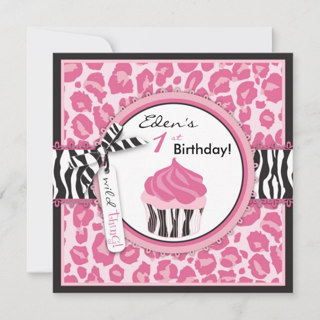 Wilder Gepard-Druck-u. Kuchen-rosa Geburtstag Einladung (Vorderseite)